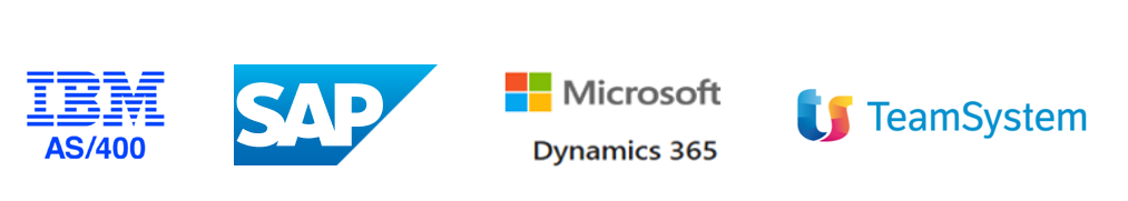 ERP Logos: IBM AS/400, SAP, Microsoft 365 Business Central, TeamSystem